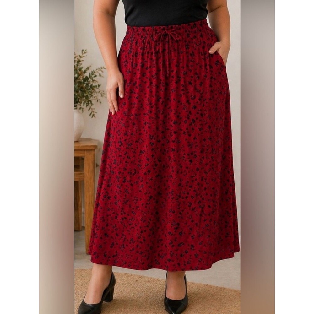 Red‎ Midi Skirt with Black Floral Print and Drawstring Waistband